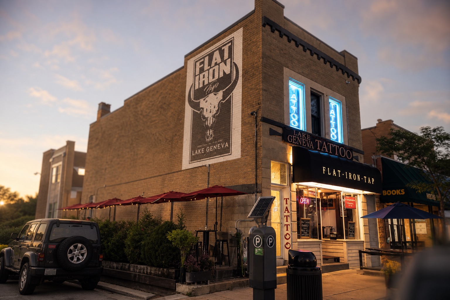 The Flat Iron Tap building on Center Street at dusk, with its bull-skull mural and patio umbrellas